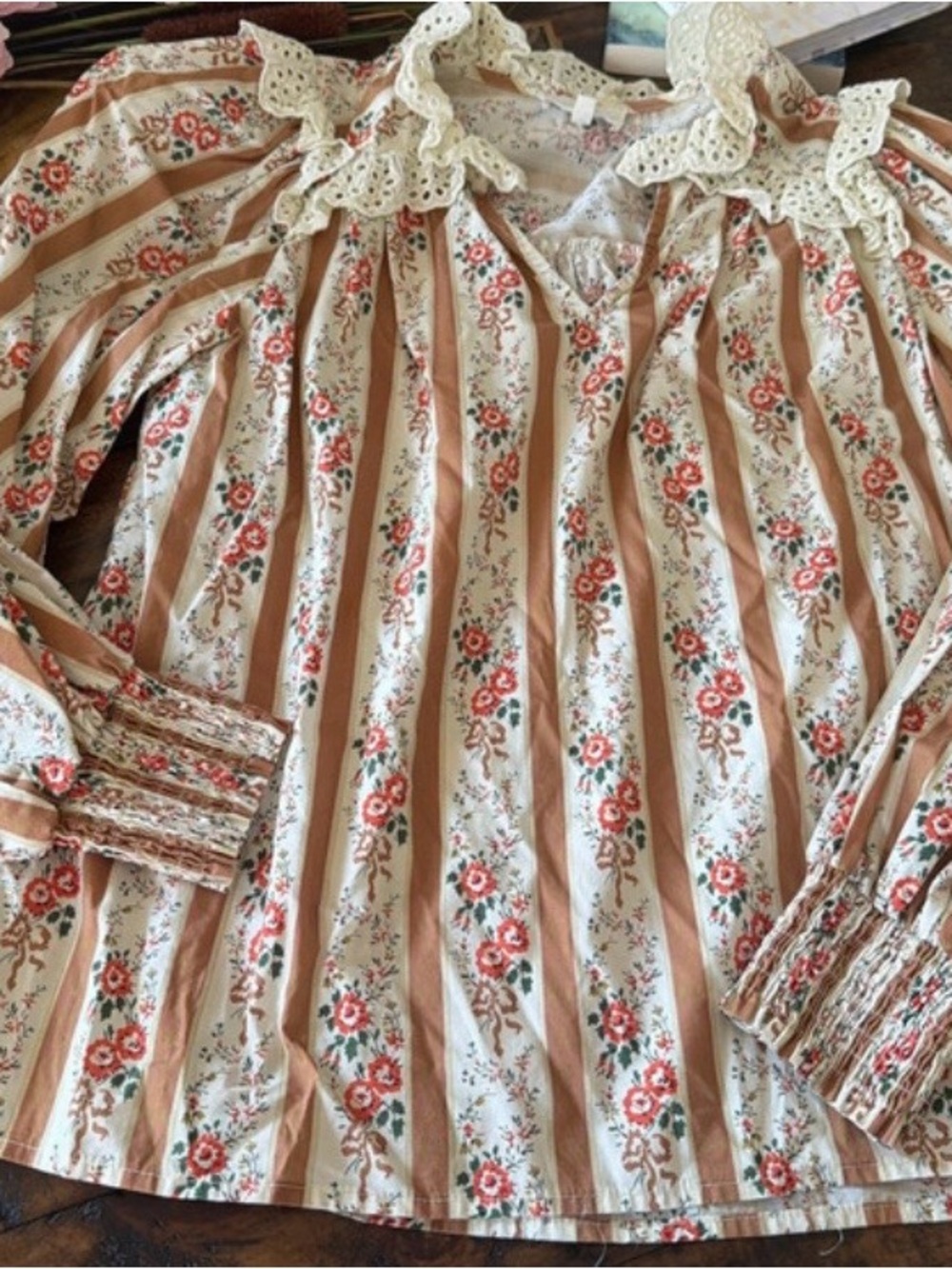 entro Cream and Tan Floral Stripe Lace-Trim Blouse